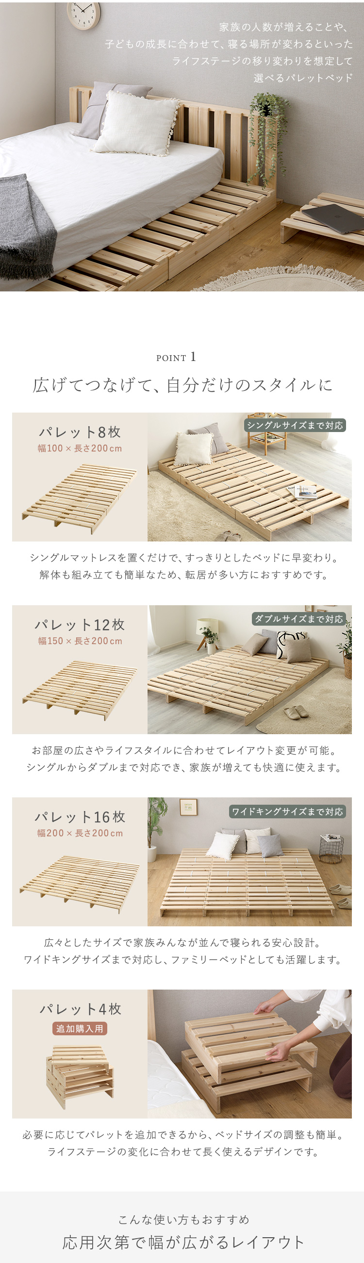 組み合わせ自由! 天然木 すのこパレットベッド